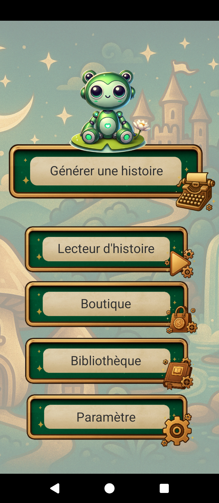 Écran d’accueil de l’application Storiatell pour créer des histoires audio enfants